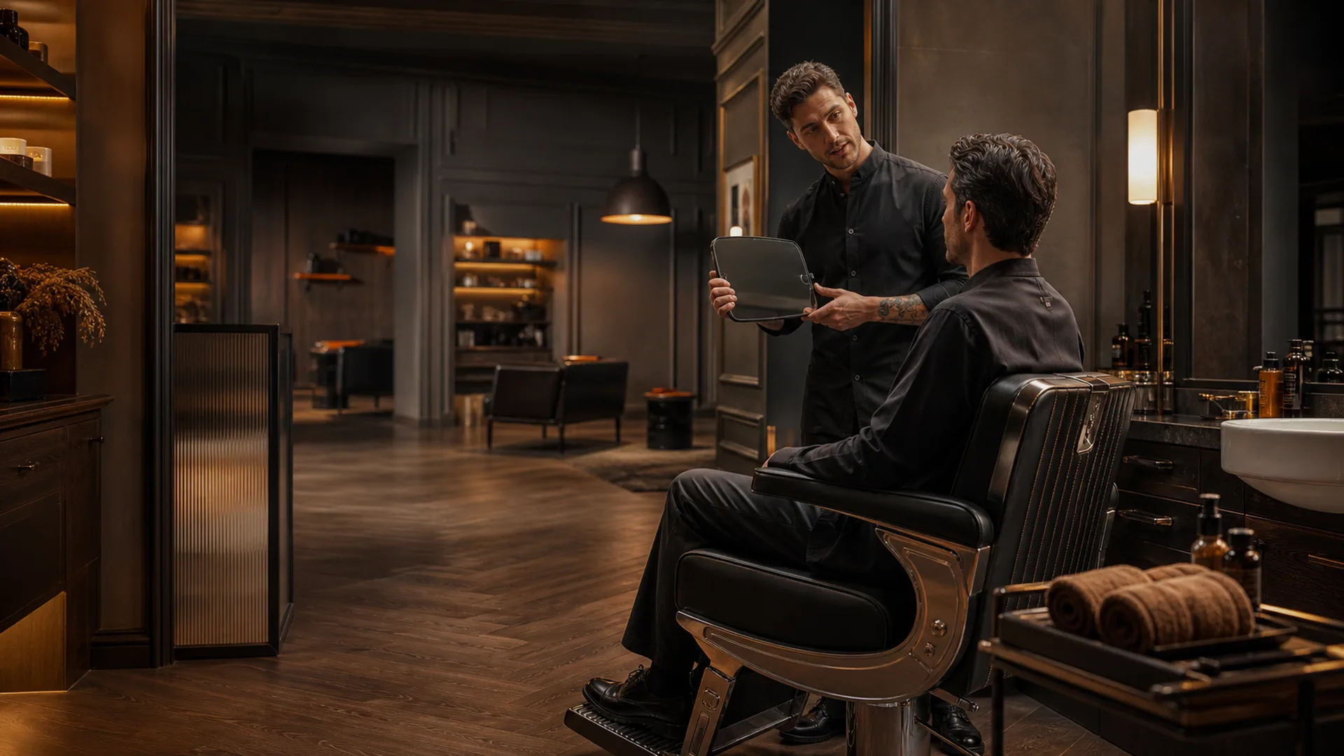 Barbeiro conversando com cliente em uma cadeira de barbearia